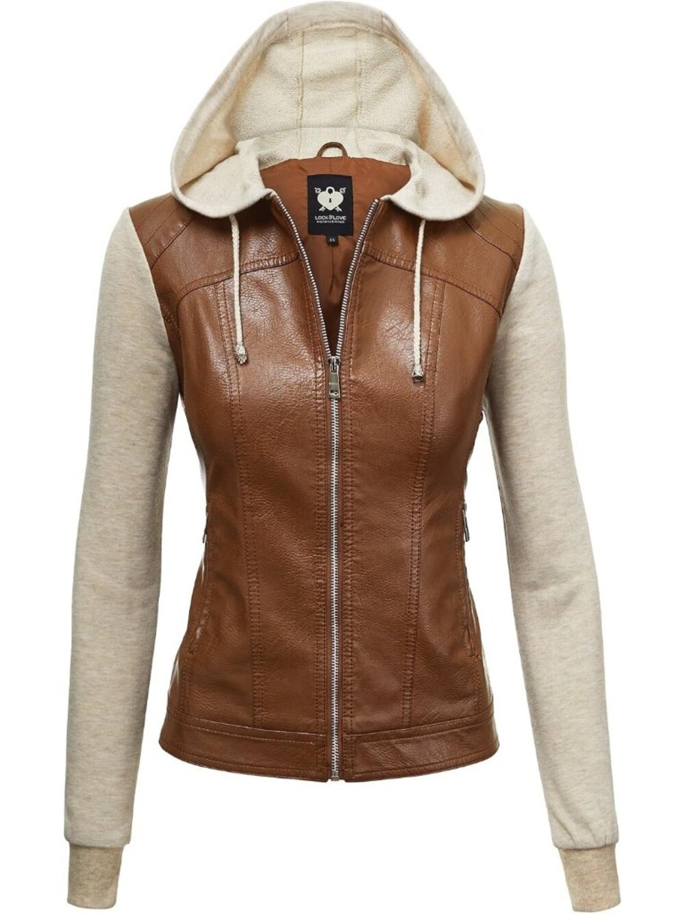 Women's Camel Oatmeal Faux Leather Removable Hoodie Zipper Quilted Biker Jacket